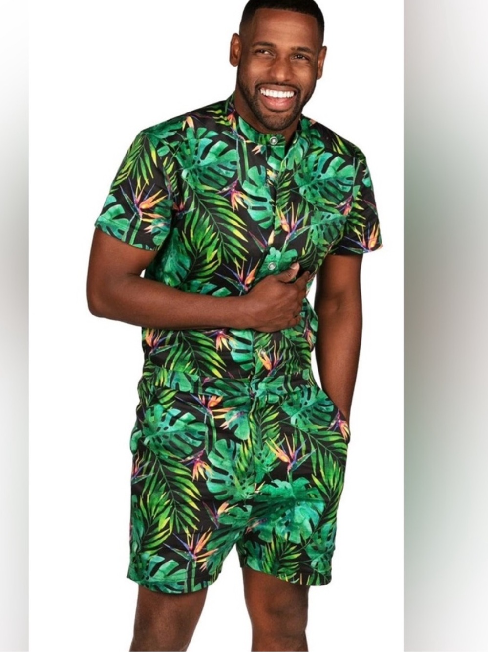 NWT Romphim Jungle Themed Men’s Romper Shorts Button Up Green Size Small